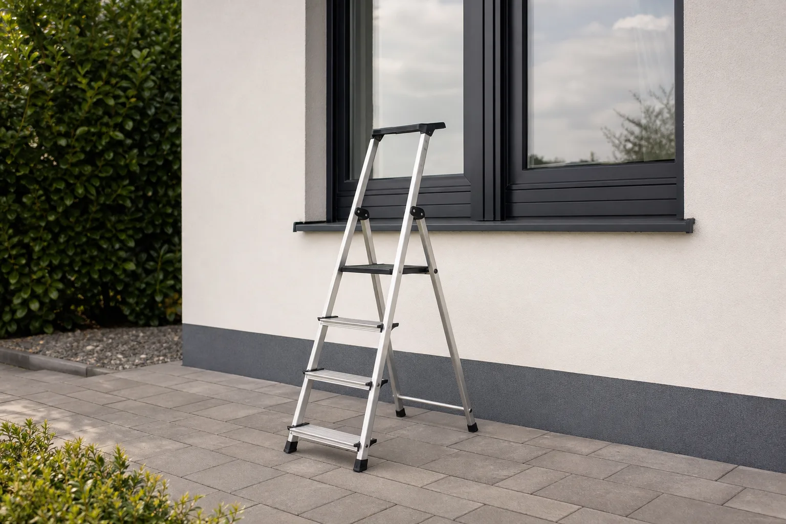 Trittleitern beim Fensterputzen richtig positionieren